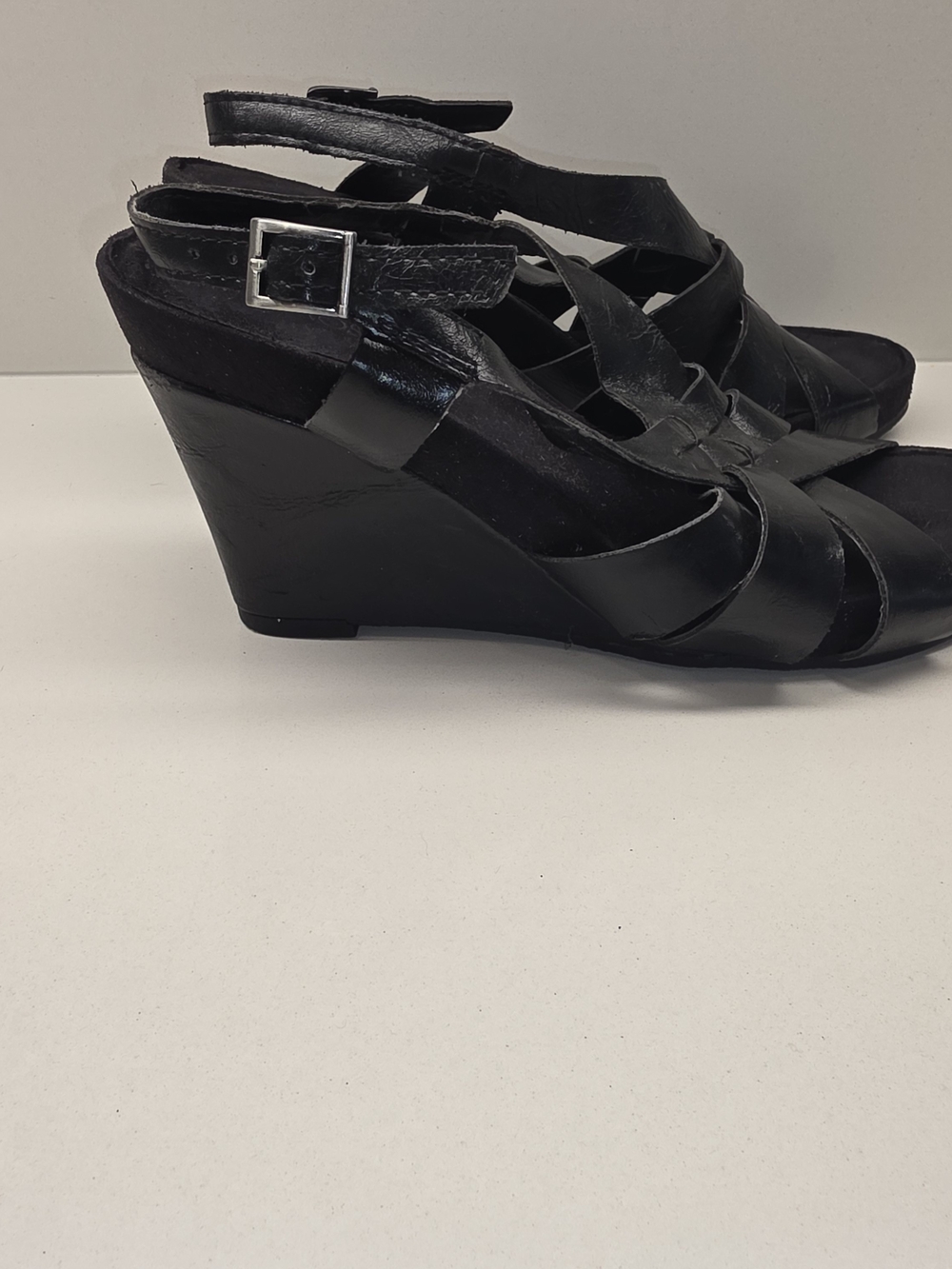 AEROSOLES Black Strappy Leather Wedge Sandals - Women - Picture 4 of 8